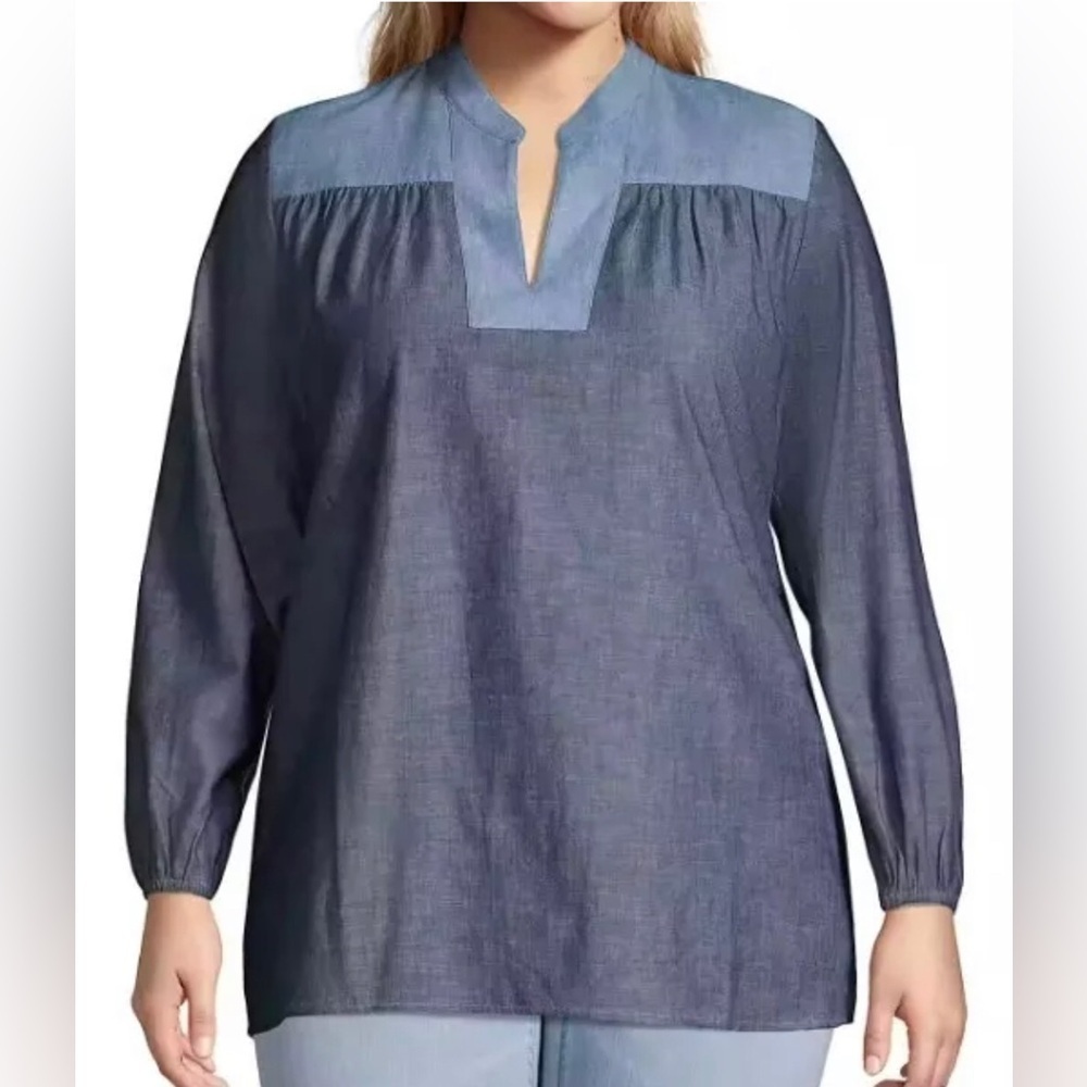 Land’s End Blue Color Block Chambray Mix Poplin Peasant Tunic Top Size Large